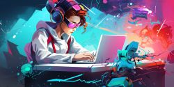 student writing at desk with aid of vr and ai