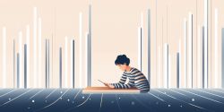 student writing at a desk, surrounded by lines