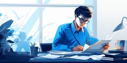 A man sat at a desk editing a paper