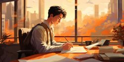 student writing at a desk