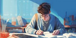 student editing and proofreading documents at a desk